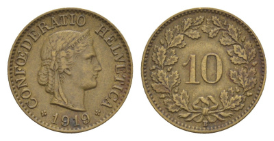 Швейцария 10 раппенов 1919 B KM 27a латунь 1518-832