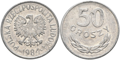 Польша 50 грошей 1984 MW, Народная Республика KM 48.1, Parchimowicz 210r алюминий 3336-713