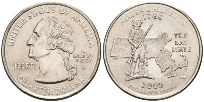 США 25 центов = квотер 2000 Р, серия штаты США, Массачусетс KM 305 медь плакированная медно-никелем UNC 92-751