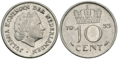 Нидерланды 10 центов 1955 Юлиана (1949-1980) KM 182 никель 96-362