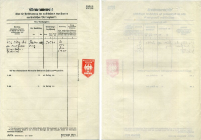 Германия документ об уплате налогов за получение дивидеднов по акциям 1927 бумага 8805-08-1
