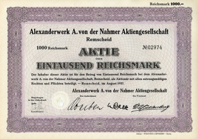 Германия 1000 рейхсмарок 1937 Александрверк А. фон дер Нахмер АГ Ремшайд, акция   бумага   8801-08-1