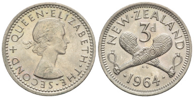 Новая Зеландия 3 пенса 1965 Елизавета II (1952-2022), пату (боевая палица) KM 25.2 медно-никель  aUNC  220-943