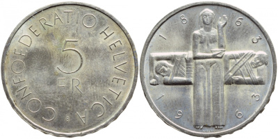 Швейцария 5 франков 1963 В, 100 лет Швейцарскому Красному Кресту KM 51 серебро 1520-1541