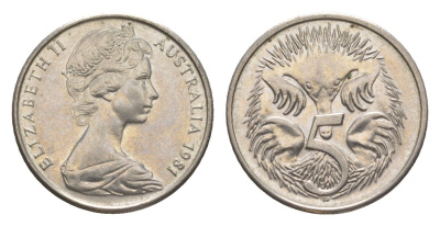 Австралия 5 центов 1981 Елизавета II (1952-2022) молодой портрет, ехидна KM 64 медно-никель UNC 4152-529