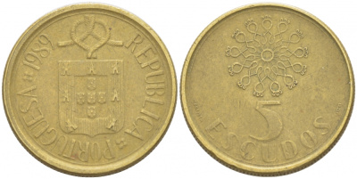 ПОРТУГАЛИЯ 5 ЭСКУДО 1989 KM 632 никель латунь 77-746