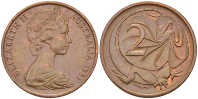 Австралия 2 цента 1981 Елизавета II (1952-2022), молодой портрет, плащеносная ящерица KM 63 бронза 4385-324