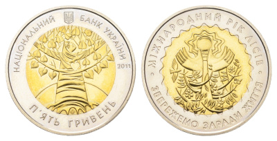 Украина 5 гривен 2011 ФАО - Международный год лесов KM 638 биметалл BU 4666-142