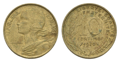 Франция 10 сантимов 1970 KM 929 алюминиевая бронза 4674-565