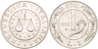 Италия 1 лира 2001 R, история лиры, весы, рог изобилия KM 220 серебро UNC 02-117-44