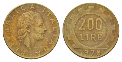 Италия 200 лир 1978 R, шестерня KM 105 алюминиевая бронза 186-1121