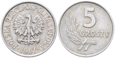 ПОЛЬША 5 ГРОШЕЙ 1961 KM A46, Parchimowicz 204d алюминий 4181-1145