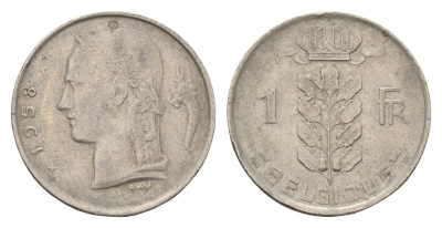 Бельгия 1 франк 1958 Belgique, Бодуэн I (1951-1993) KM 142 медно-никель 4674-422