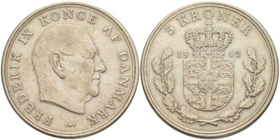 ДАНИЯ 5 КРОН 1962 C; S, ФРЕДЕРИК IX (1947-1972) KM 853.1 медно-никель 38-443