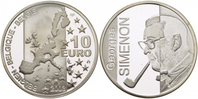 Бельгия 10 евро 2003 100 лет со дня рождения Жоржа Сименона KM 235 серебро PROOF 00-00