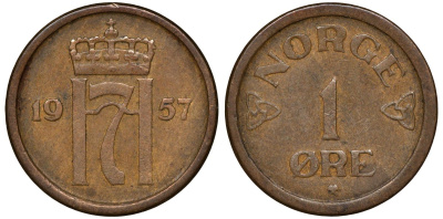 НОРВЕГИЯ 1 ЭРЕ 1957 KM 398 бронза 72-1059