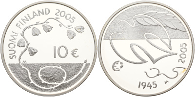 Финляндия 10 евро 2005 60 лет мира в Европе, голубь мира KM 120 серебро PROOF 113-326-12