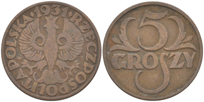 ПОЛЬША 5 ГРОШЕЙ 1931 w KM 10a бронза 187-566