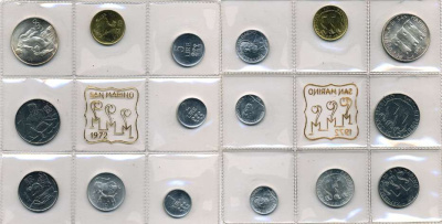 Сан-Марино годовой набор из 8 монет 1972 1, 2, 5, 10, 20, 50, 100 и 500 лир мать поднимает ребенка в воздух KM 14-21, в оригинальной пластиковой запайке серебро KM MS1 серебро UNC 5-4-3-44