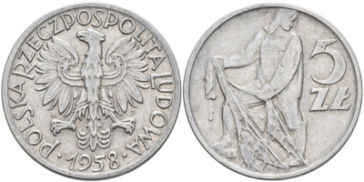 Польша 5 злотых 1958 рыбаК, редкий год KM 47 алюминий 4572-343