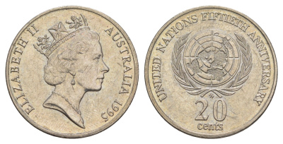 Австралия 20 центов 1995 50 лет ООН KM 295 медно-никель UNC 4631-1146