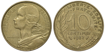 Франция 10 сантимов 1987 тип Marianne KM 929, Le Franc 144.27 медь алюминий никель 4128-214