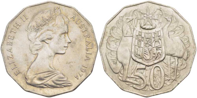 Австралия 50 центов 1974 Елизавета II (1952-2022), герб Австралии, кенгуру KM 68 медно-никель 107-113