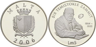 Мальта 5 лир 2006 Темистоклес Заммит (Сэр Теми Заммит), археолог, историк, писатель, профессор химии и врач KM 138 серебро PROOF 01-165-32