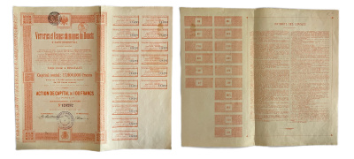 Бельгия, Verreries et Usines chimiques de Donetz ? Santourinovka, Soci?t? Anonyme акция в 100 франков 1920 с 16 купонами бумага 5554-17-1-2