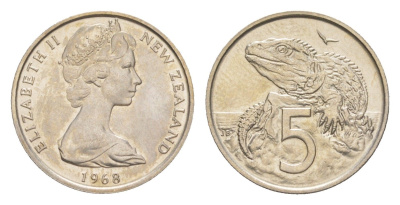 Новая Зеландия 5 центов 1968 Елизавета II (1952-2022), ящерица гаттерия, тираж 35.000 экземпляров KM 34 медно-никель BU 4651-163