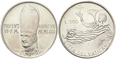Ватикан 500 лир 1969 Павел VI (1963-1978) KM 115 серебро UNC 32-443