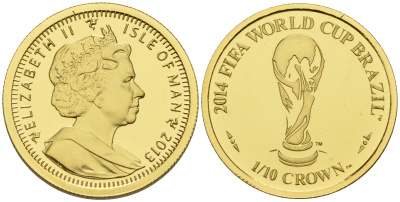 Остров Мэн 1/10 кроны 2013 Чемпионат мира по футболу в Бразилии KM NEW золото PROOF 00-806-74