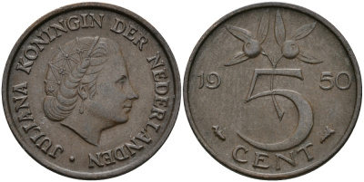 НИДЕРЛАНДЫ 5 ЦЕНТОВ 1950 ЮЛИАНА KM 181 бронза 95-237