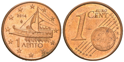 Греция 1 евроцент 2014 KM 181 сталь плакированная медью aUNC 4516-1057