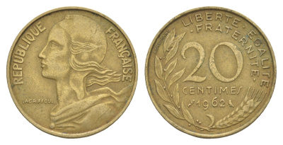 Франция 20 сантимов 1962 KM 930 алюминиевая бронза 4539-413