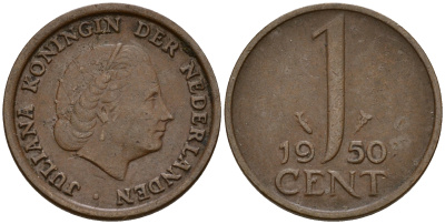 Нидерланды 1 цент 1950 Юлиана (1949-1980) KM 180 бронза    4598-143