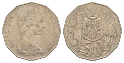 Австралия 50 центов 1980 Елизавета II (1952-2022), герб Австралии, кенгуру KM 68 медно-никель 4381-111