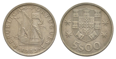 Португалия 5 эскудо 1983 парусник KM 591 медно-никель 4633-411