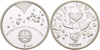 Португалия 8 евро 2003 Чемпионат Европы по футболу UEFA ЕВРО-2004 в Португалии, логотип чемпионата, сердца, тираж 15000 экз. KM 751 а серебро PROOF 05-122-21