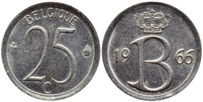 БЕЛЬГИЯ 25 САНТИМОВ 1966 BELGIQUE KM 153.1 медно-никель 4392-861