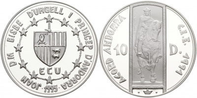 Андорра 10 динеров 1995 Рамон Беренгер III (1082-1131), таможенный союз ECU KM 105 серебро PROOF 11-073-32