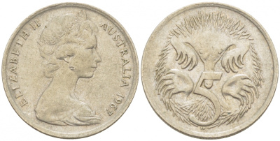 АВСТРАЛИЯ 5 ЦЕНТОВ 1967 ЕЛИЗАВЕТА II, МОЛОДОЙ ПОРТРЕТ, ЕХИДНА KM 64 медно-никель 3851-1121