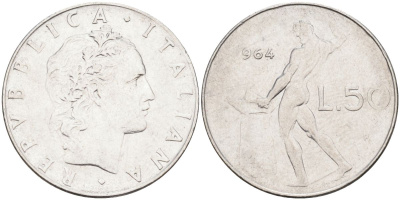Италия 50 лир 1964 R, бог огня Вулкан у наковальни KM 95.1 нержавеющая сталь 4538-541
