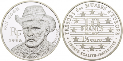 Франция 10 франков = 1 1/2 евро 1996 серия сокровища музеев Европы, Винсент Ван Гог KM 1147 серебро PROOF 1068-4-54