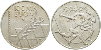 Финляндия 100 марок 1994 стадион дружбы, бег KM 78 серебро UNC 3896-914