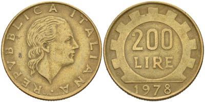 Италия 200 лир 1978 R, шестерня KM 105 алюминиевая бронза 4573-823