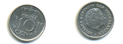 НИДЕРЛАНДЫ 10 ЦЕНТОВ 1977 ЮЛИАНА KM 182 никель 83-966