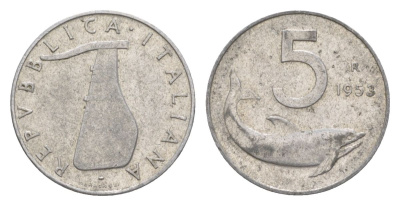 Италия 5 лир 1953 R, дельфин, плуг KM 92 алюминий 4632-542