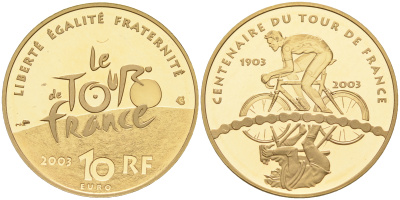 Франция 10 евро 2003 100 лет велогонкам Тур де Франс, велосипедист едет влево KM 1326 золото PROOF 00-811-07