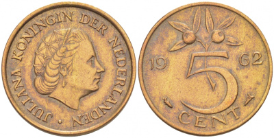 НИДЕРЛАНДЫ 5 ЦЕНТОВ 1962 ЮЛИАНА KM 181 бронза 3718-355